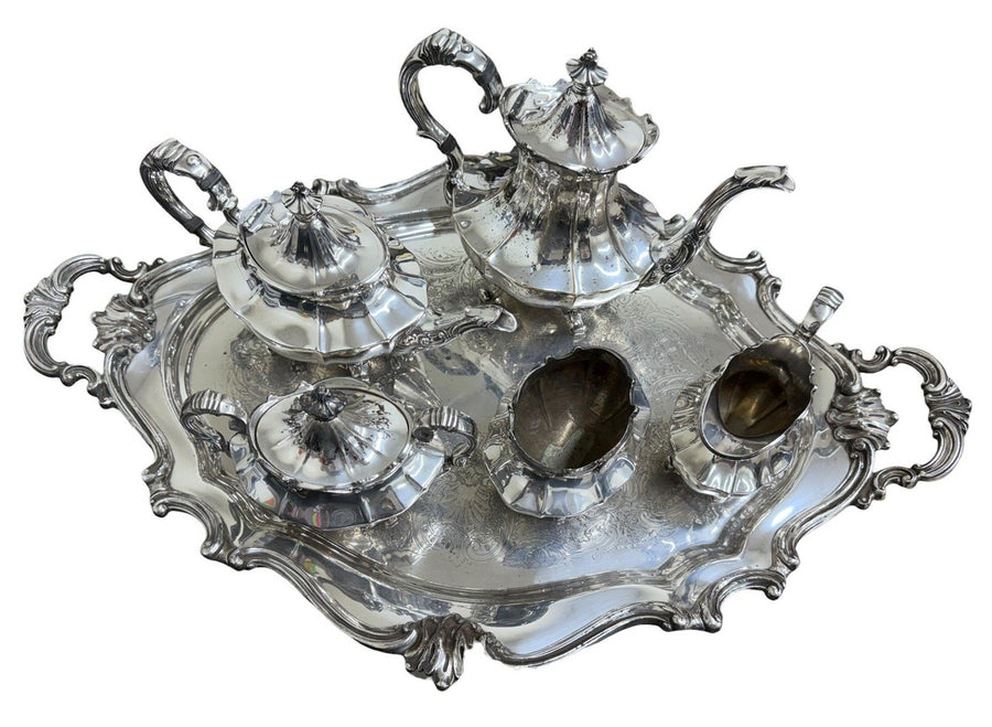 Reed and Barton 6710 Silver Plated Coffee & Tea Set With Tray, Victorian Pattern
