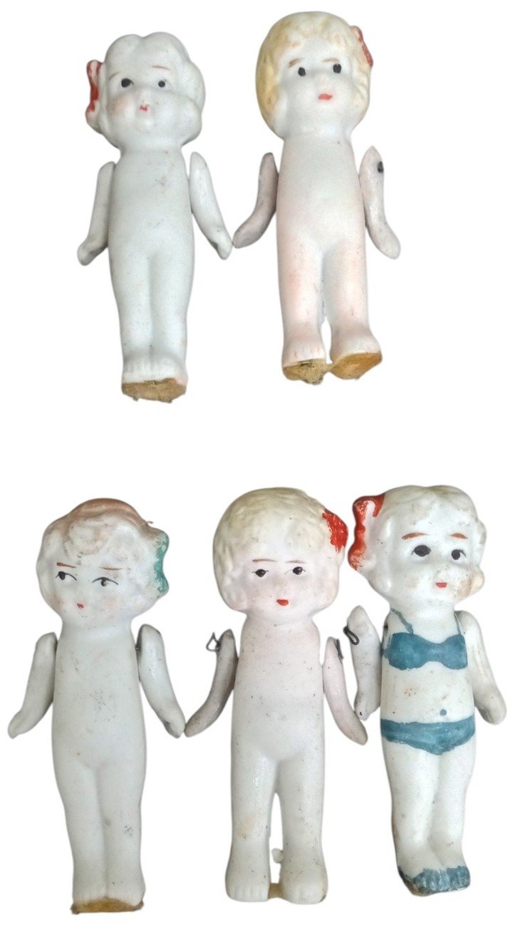 Bisque Porcelain Dolls W/Jointed Arms Set Of 5 Japan Vintage Collectible Toys