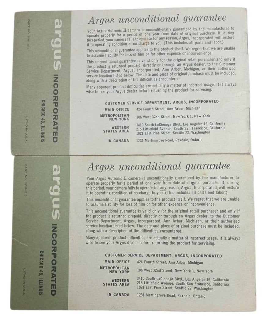 Argus Autronic II Camera Manuals Vintage Retro Collectible Photography Ephemera