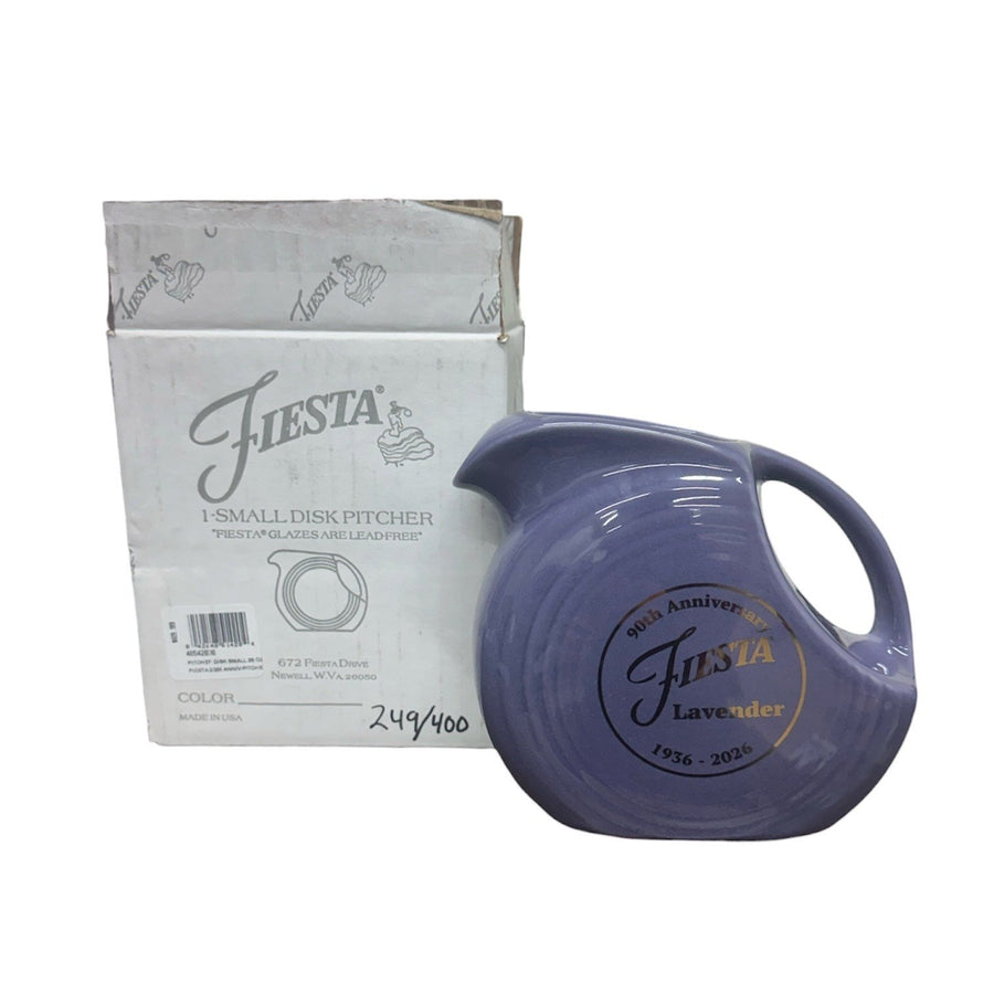 Fiesta - Lavender Purple 90th Anniversary Small Disk Pitcher 28oz Homer Laughlin HLC Ceramic NIB Limited No. 249/400