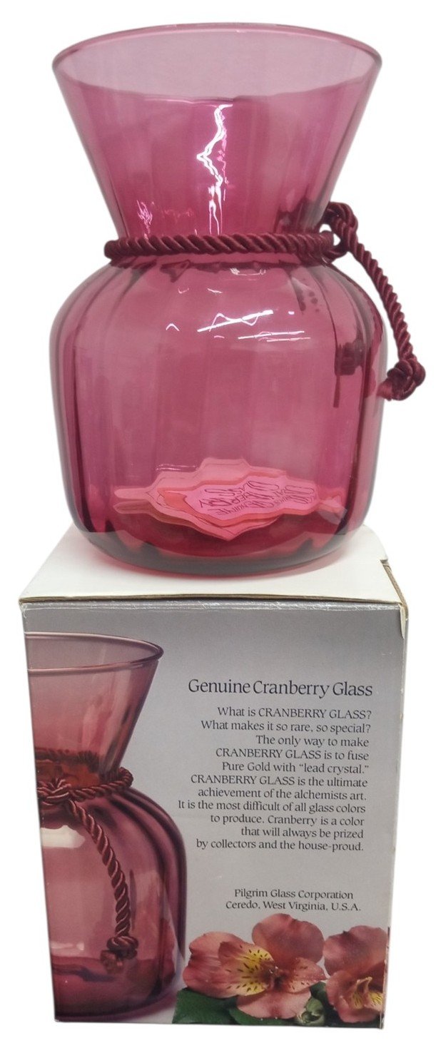 Pilgrim Glass Cranberry "Sac" Vase W/Box & Tags Collectible Decorative