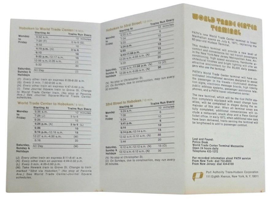 PATH Service Guide World Trade Center Terminal 1971 Vintage Collectible