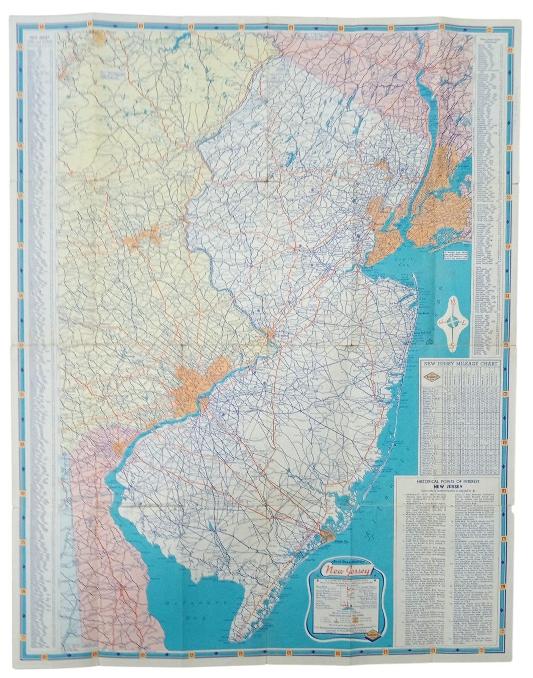 Sunoco New Jersey Road Map W/Philadelphia & New York Likely 1960s Vintage