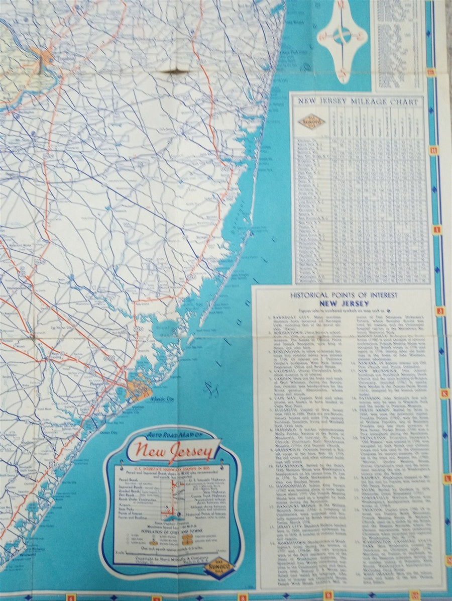 Sunoco New Jersey Road Map W/Philadelphia & New York Likely 1960s Vintage