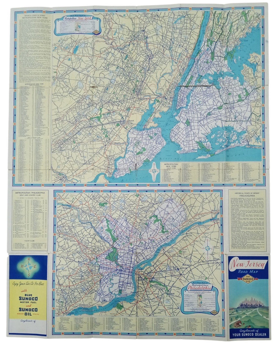 Sunoco New Jersey Road Map W/Philadelphia & New York Likely 1960s Vintage