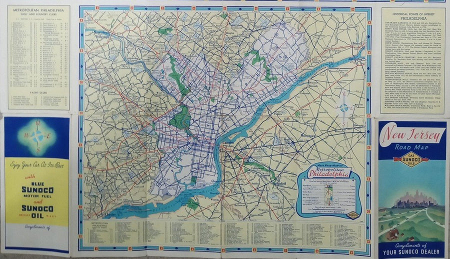 Sunoco New Jersey Road Map W/Philadelphia & New York Likely 1960s Vintage
