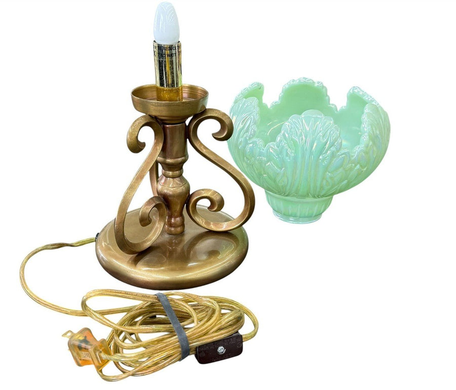 Fenton Sea Green Satin Leaf Pattern Lamp with Golden Base 6870 GI