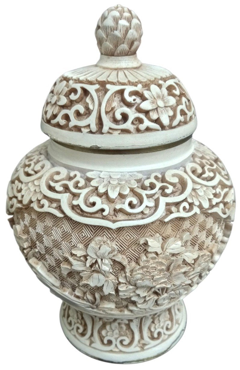 Arnart Imports Ivory Dynasty Lidded Vase/Ginger Jar 1982 Collectible Decor Resin