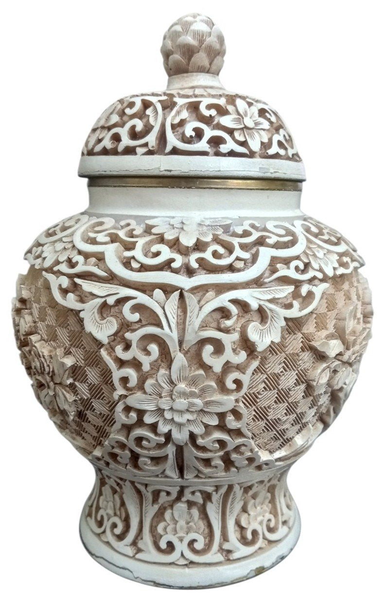 Arnart Imports Ivory Dynasty Lidded Vase/Ginger Jar 1982 Collectible Decor Resin