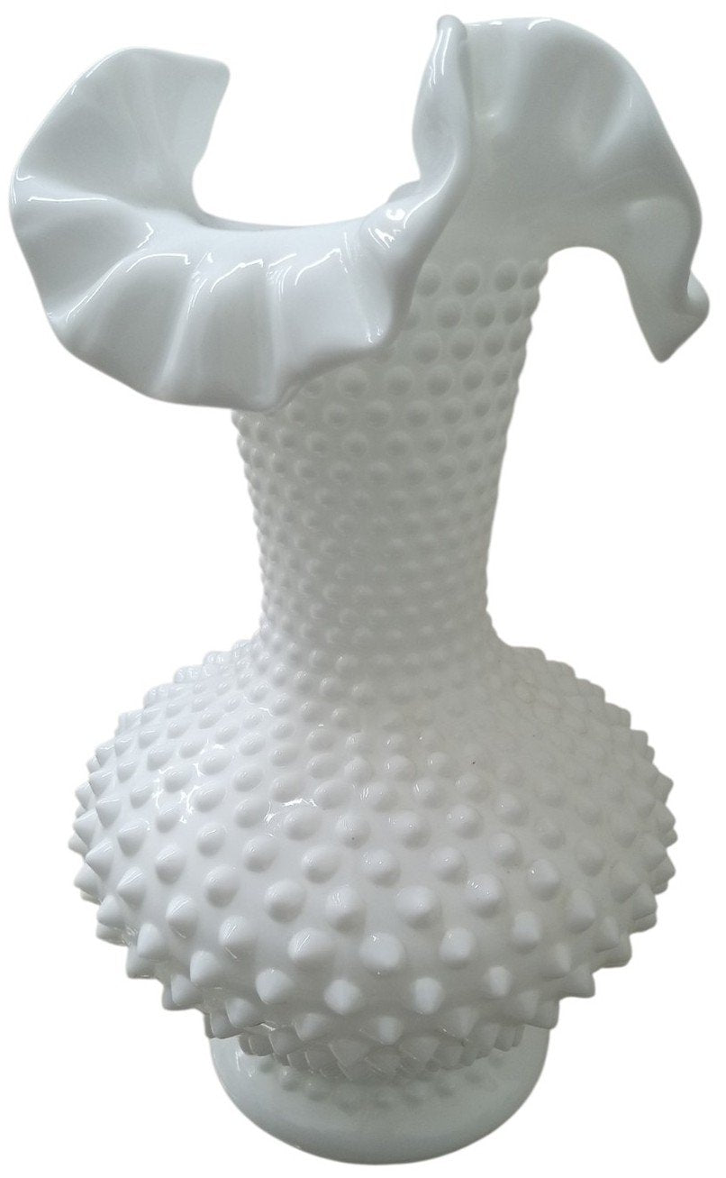 Fenton Milk Glass Hobnail Ruffled Vase Likely 1960s Vintage Collectible Decor