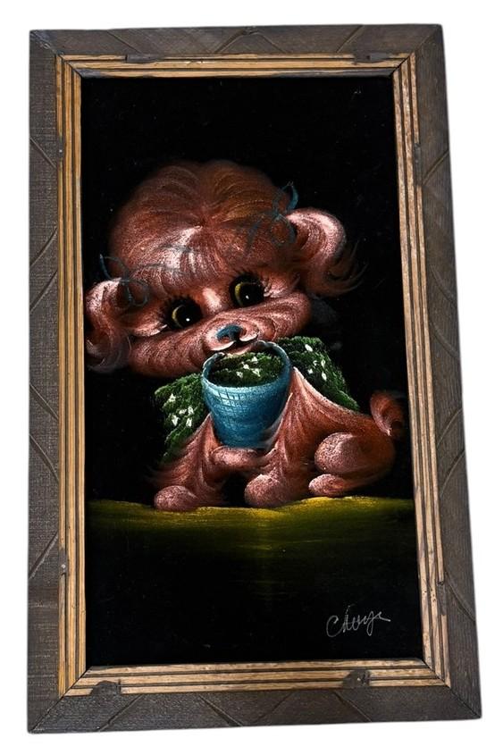 Velvet Picture Likely 1960's Cute Dog Made in Mexico Signed Vintage Antique