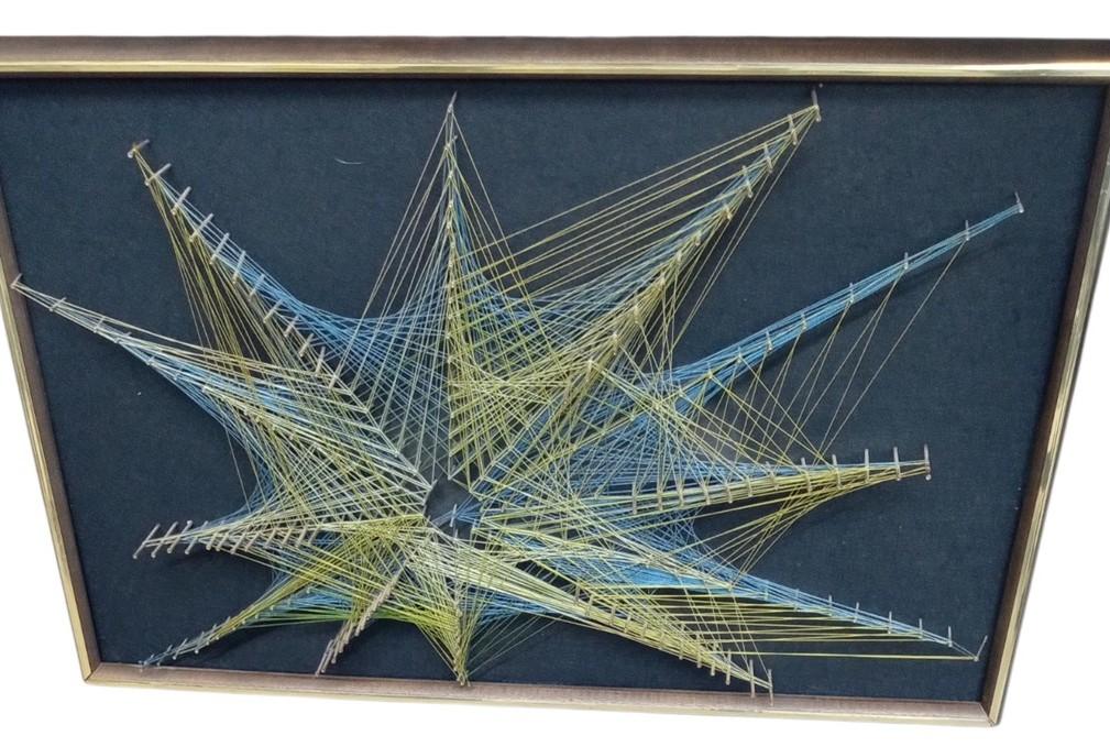 String Art Framed Wall Hanging 19"x30" Likely 1960s Vintage Collectible Decor