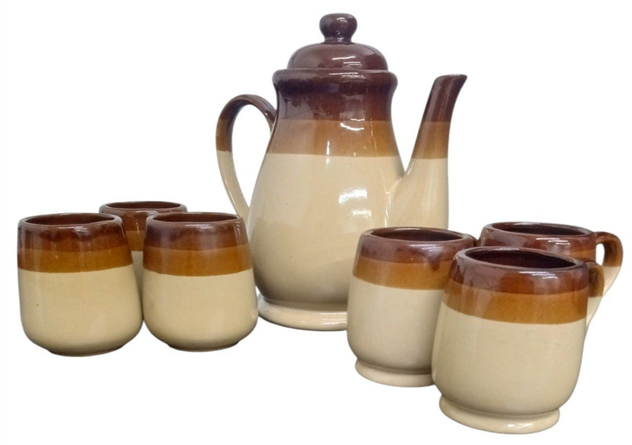 Brittany Stoneware Coffee/Tea Pot With 6 Mugs Likely 1960s Vintage Drinkware