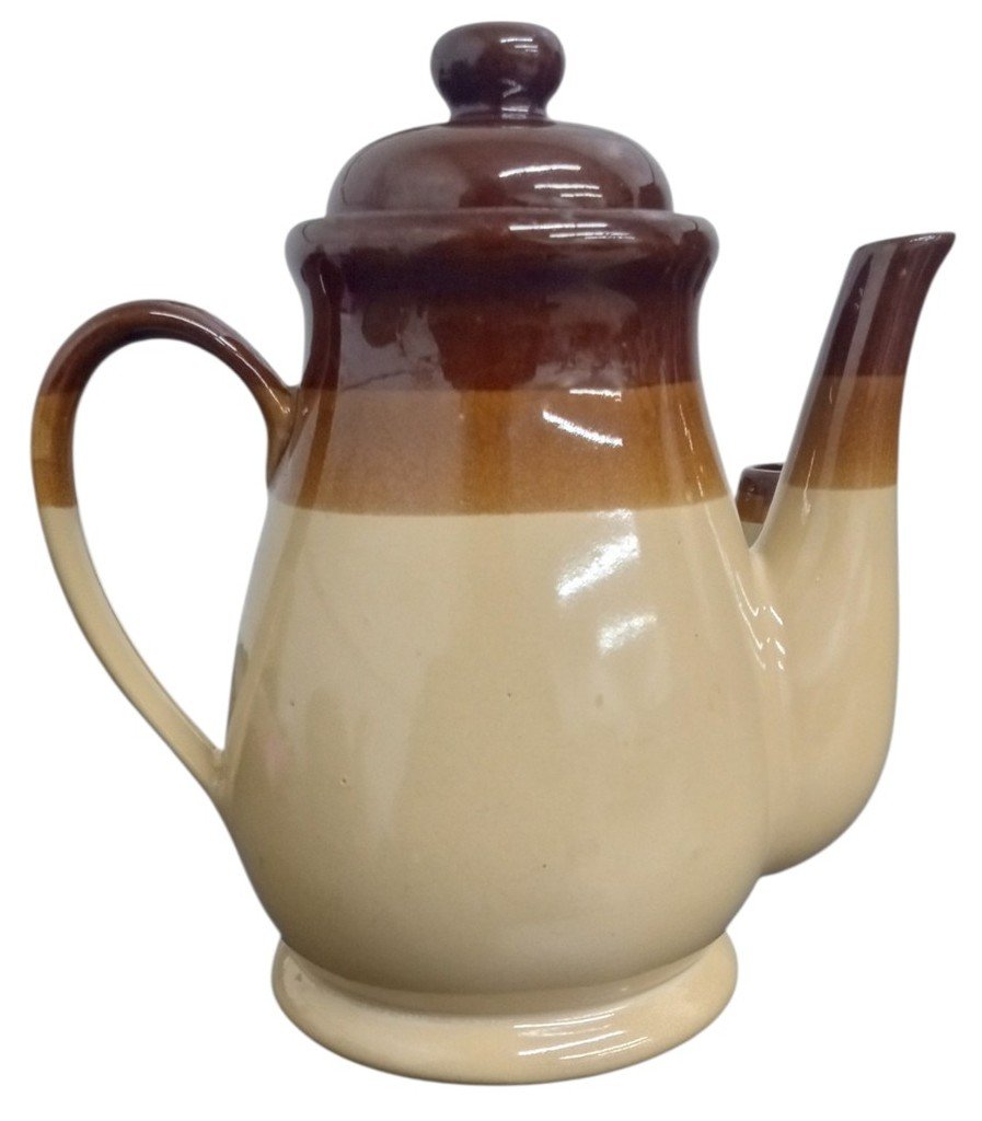 Brittany Stoneware Coffee/Tea Pot With 6 Mugs Likely 1960s Vintage Drinkware
