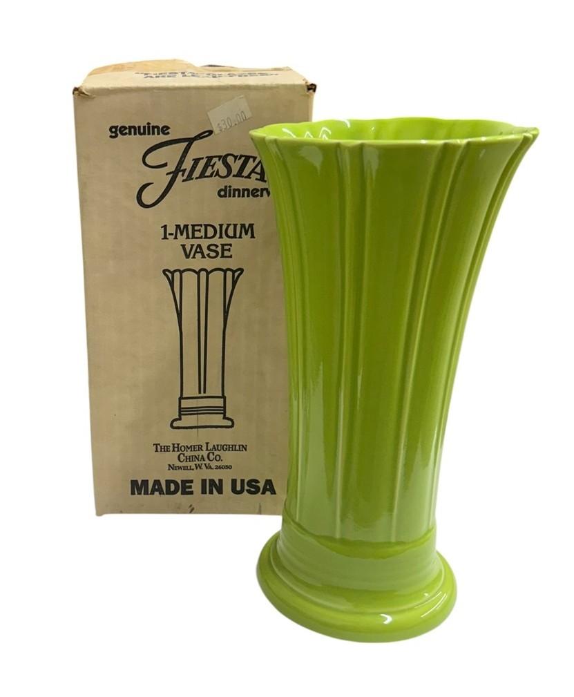 Fiesta - Chartreuse Green Medium Flower Vase In Box Homer Laughlin HLC Ceramic Collectible Decor