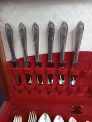 Rogers Bros 1847 Lovelace Silverware Set 42 Pc W/Wooden Case Vintage Collectible