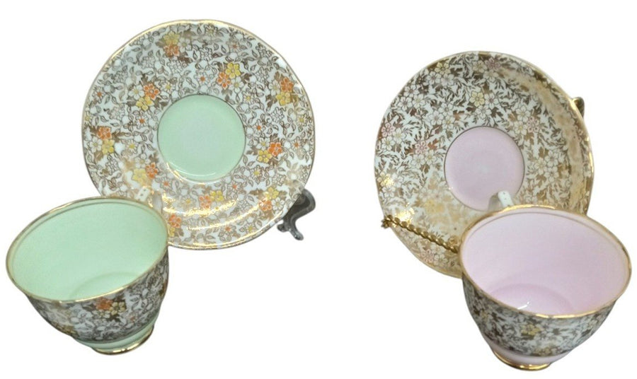 Royal Stafford Bone China 8201 Pattern Cups W/Saucers Pink & Green Vintage