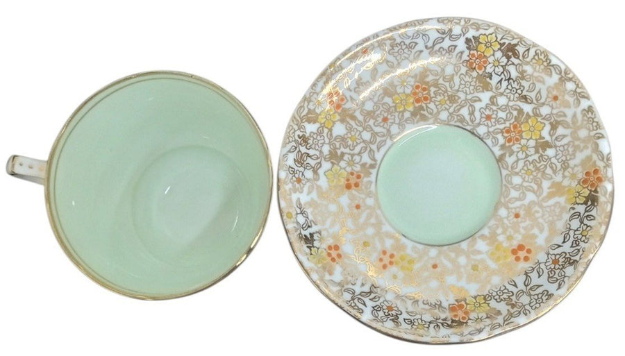 Royal Stafford Bone China 8201 Pattern Cups W/Saucers Pink & Green Vintage