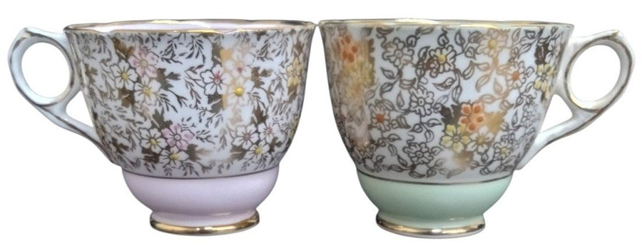 Royal Stafford Bone China 8201 Pattern Cups W/Saucers Pink & Green Vintage