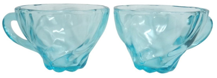 Hazel Atlas Capri Blue Seashell Cups Vaseline Glass Vintage Collectible