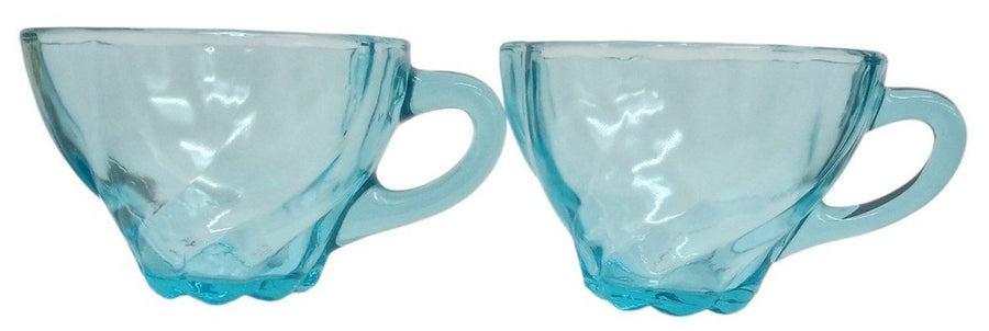 Hazel Atlas Capri Blue Seashell Cups Vaseline Glass Vintage Collectible