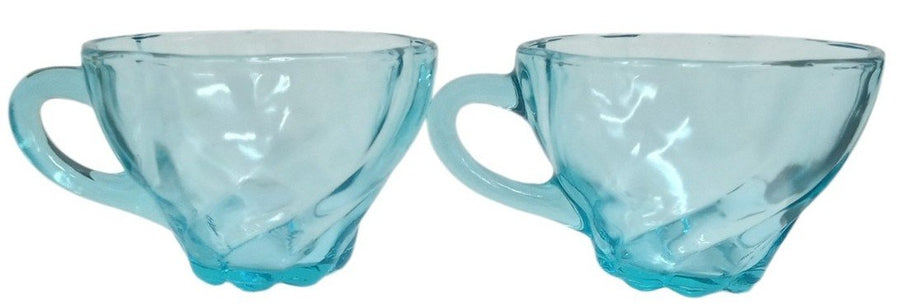 Hazel Atlas Capri Blue Seashell Cups Vaseline Glass Vintage Collectible