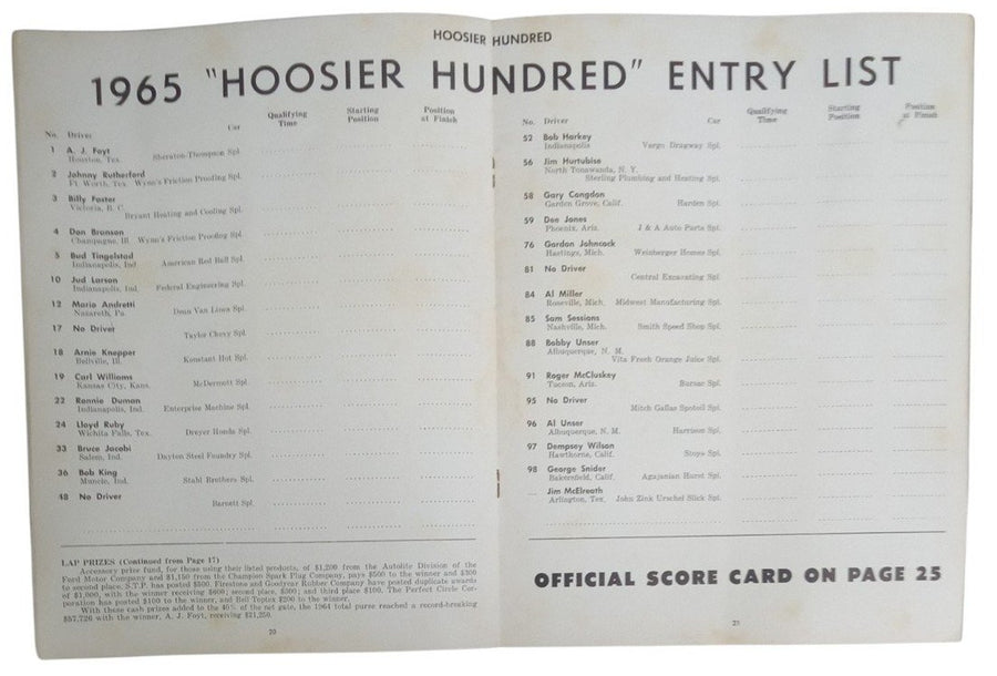 Hoosier Hundred Race Program Indianapolis Mario Andretti Vintage Racing 1965