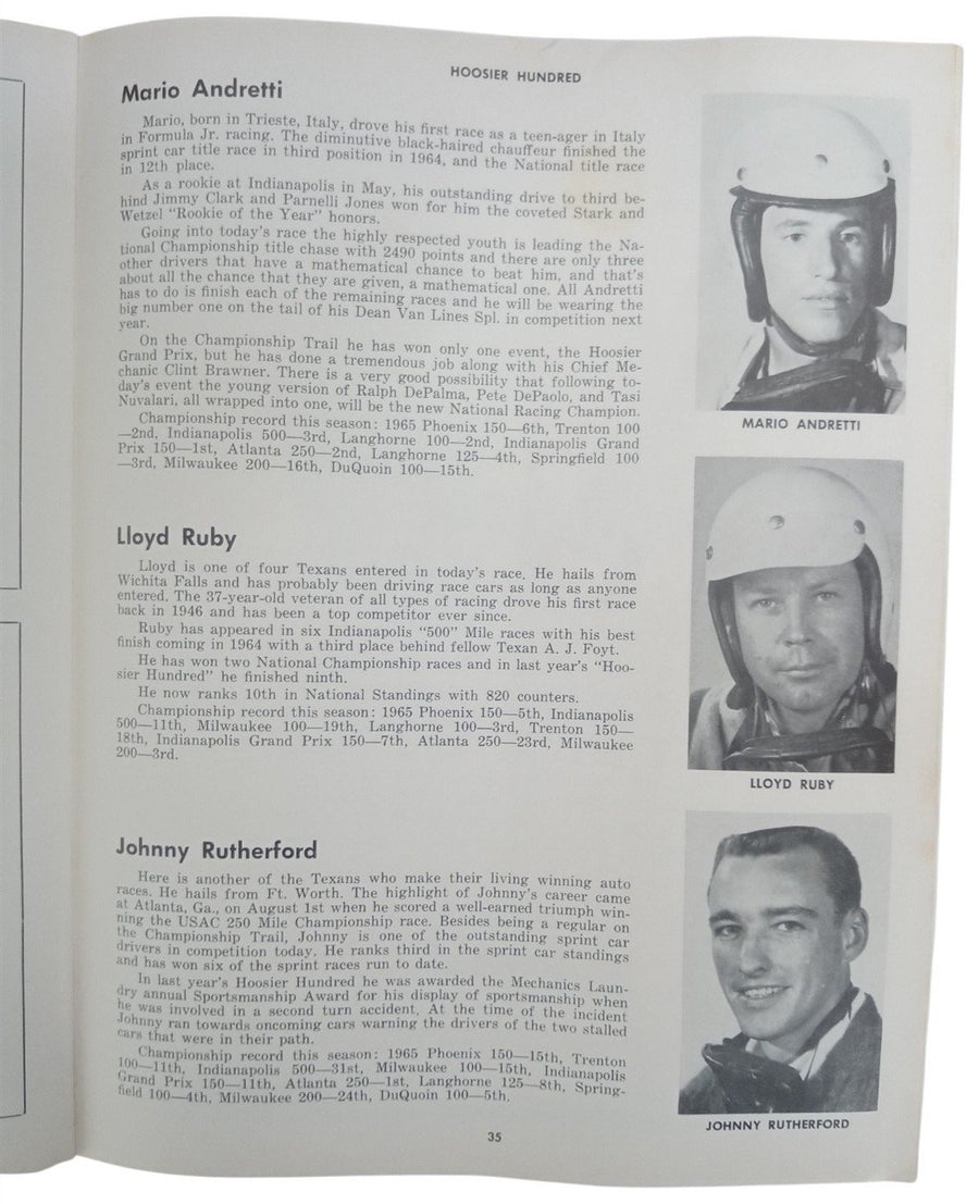 Hoosier Hundred Race Program Indianapolis Mario Andretti Vintage Racing 1965