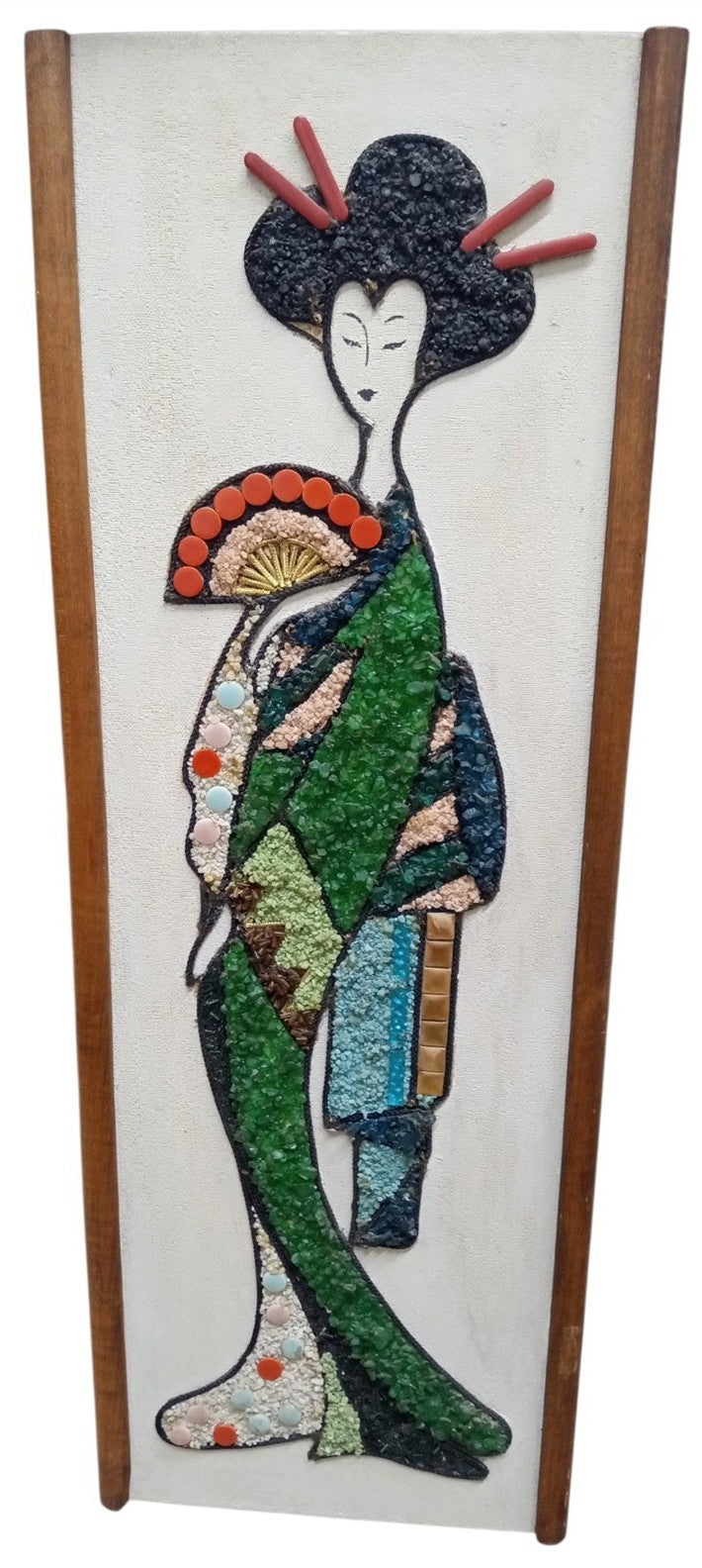 Japanese Pebble Art Wall Hangings Man & Geisha Likely 1960s Vintage Decorative