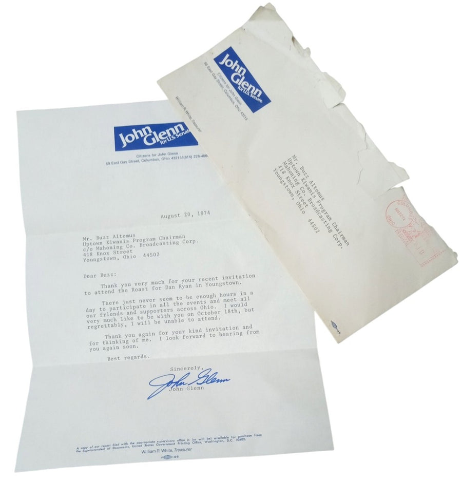 Senator John Glenn Signed Letter To Buzz Altemus W/Envelope NASA Ohio History