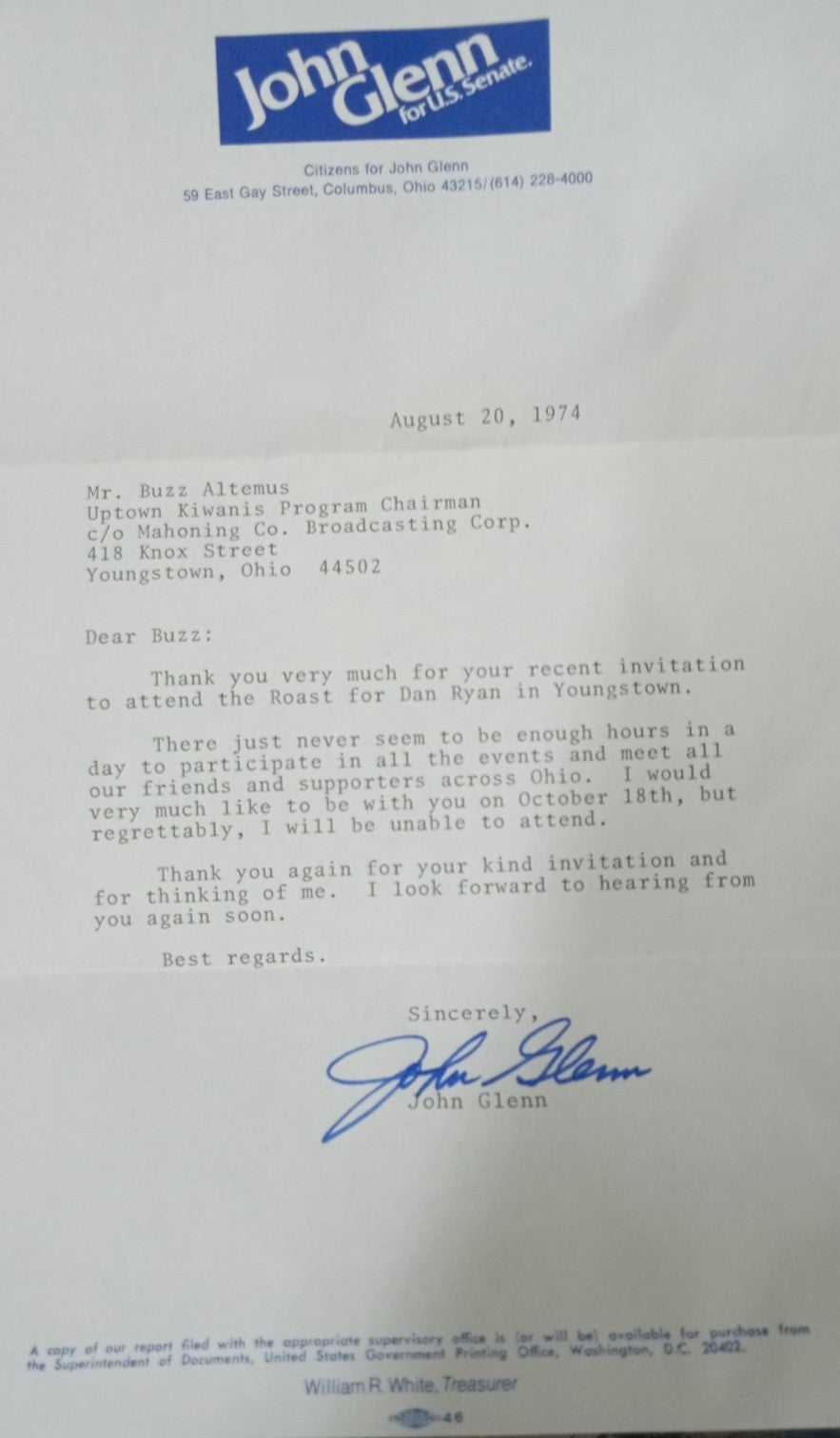 Senator John Glenn Signed Letter To Buzz Altemus W/Envelope NASA Ohio History