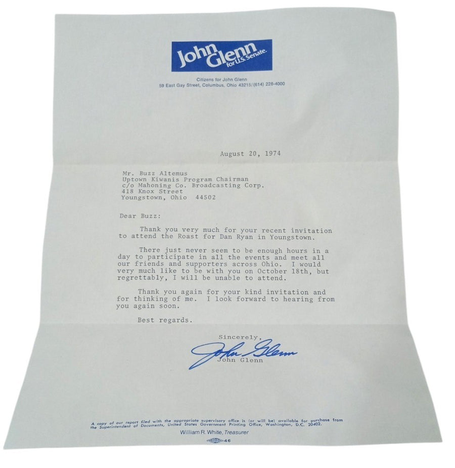 Senator John Glenn Signed Letter To Buzz Altemus W/Envelope NASA Ohio History