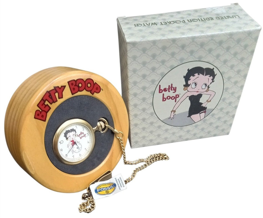 Betty Boop Fossil Pocket Watch W/Original Box 1996 Vintage Collectible Accessory