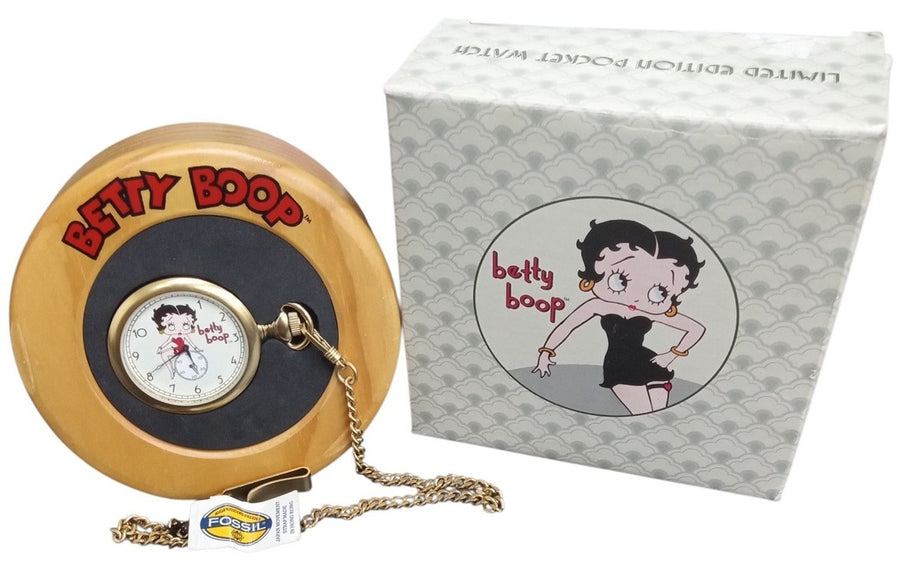 Betty Boop Fossil Pocket Watch W/Original Box 1996 Vintage Collectible Accessory