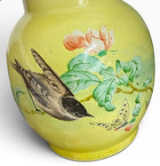 Vintage Japanese Style Ceramic Yellow Cloisonne With Birds and Cherry Blossoms