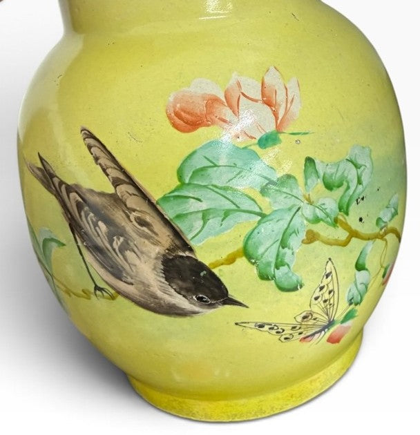 Vintage Japanese Style Ceramic Yellow Cloisonne With Birds and Cherry Blossoms