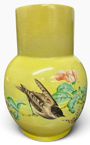 Vintage Japanese Style Ceramic Yellow Cloisonne With Birds and Cherry Blossoms