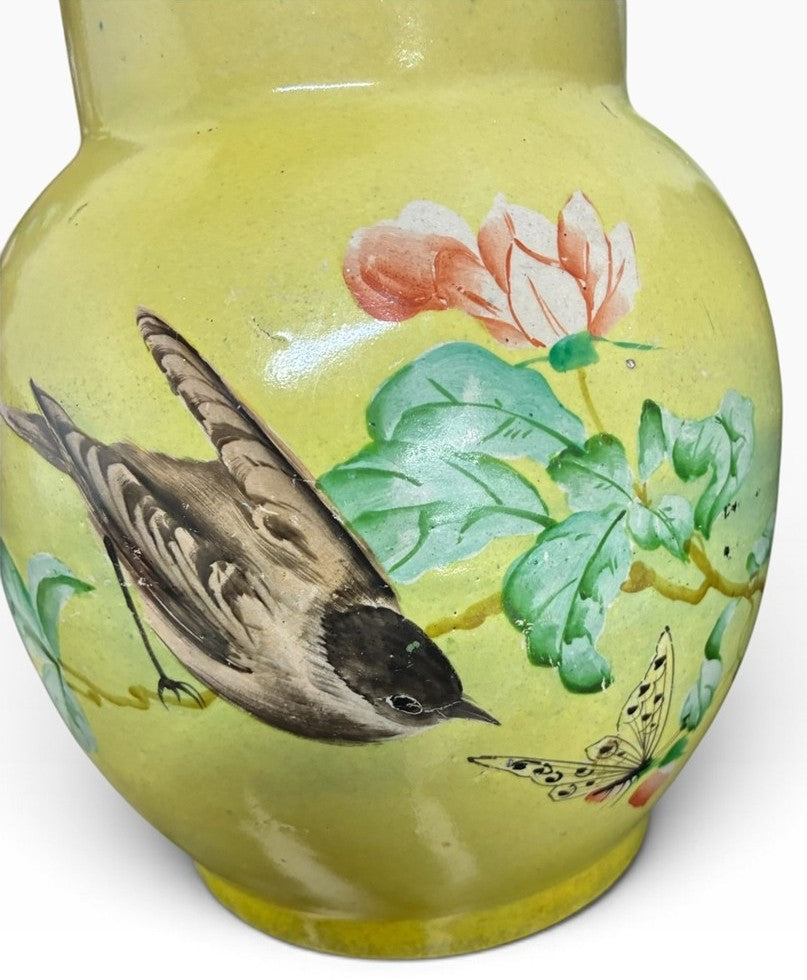 Vintage Japanese Style Ceramic Yellow Cloisonne With Birds and Cherry Blossoms