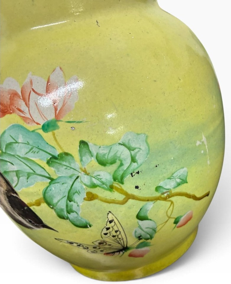 Vintage Japanese Style Ceramic Yellow Cloisonne With Birds and Cherry Blossoms