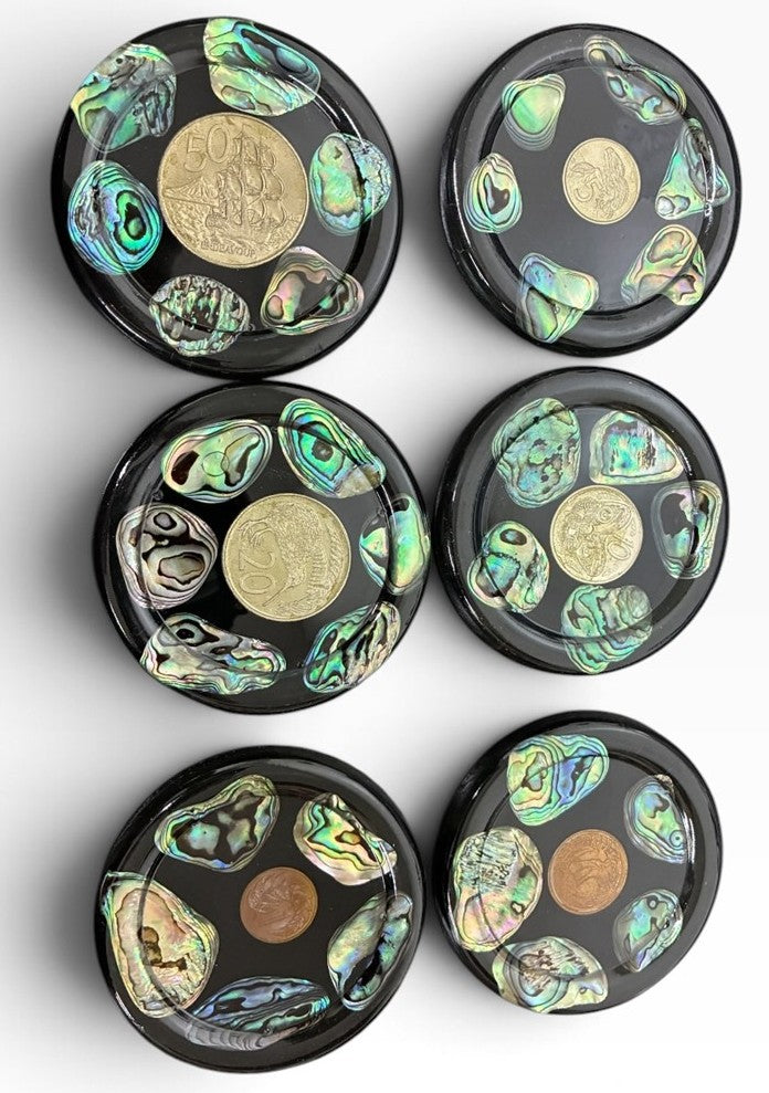 Midcentury New Zealand Coin and Paua (Abalone Shell) Coaster Set of Six Coasters