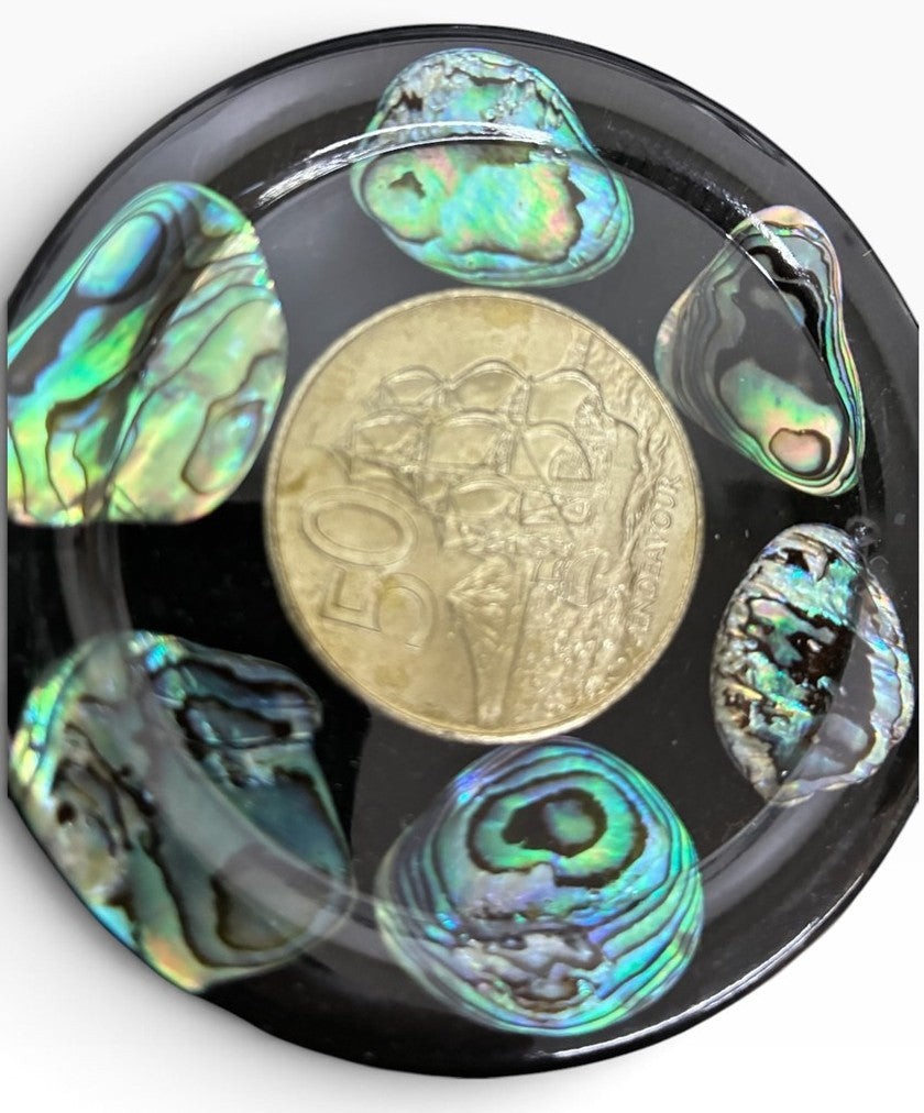 Midcentury New Zealand Coin and Paua (Abalone Shell) Coaster Set of Six Coasters