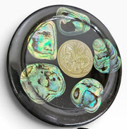 Midcentury New Zealand Coin and Paua (Abalone Shell) Coaster Set of Six Coasters