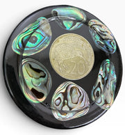 Midcentury New Zealand Coin and Paua (Abalone Shell) Coaster Set of Six Coasters