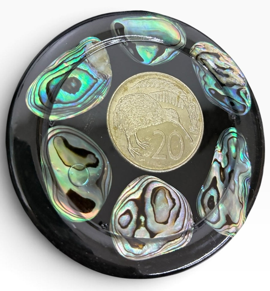 Midcentury New Zealand Coin and Paua (Abalone Shell) Coaster Set of Six Coasters