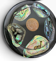 Midcentury New Zealand Coin and Paua (Abalone Shell) Coaster Set of Six Coasters