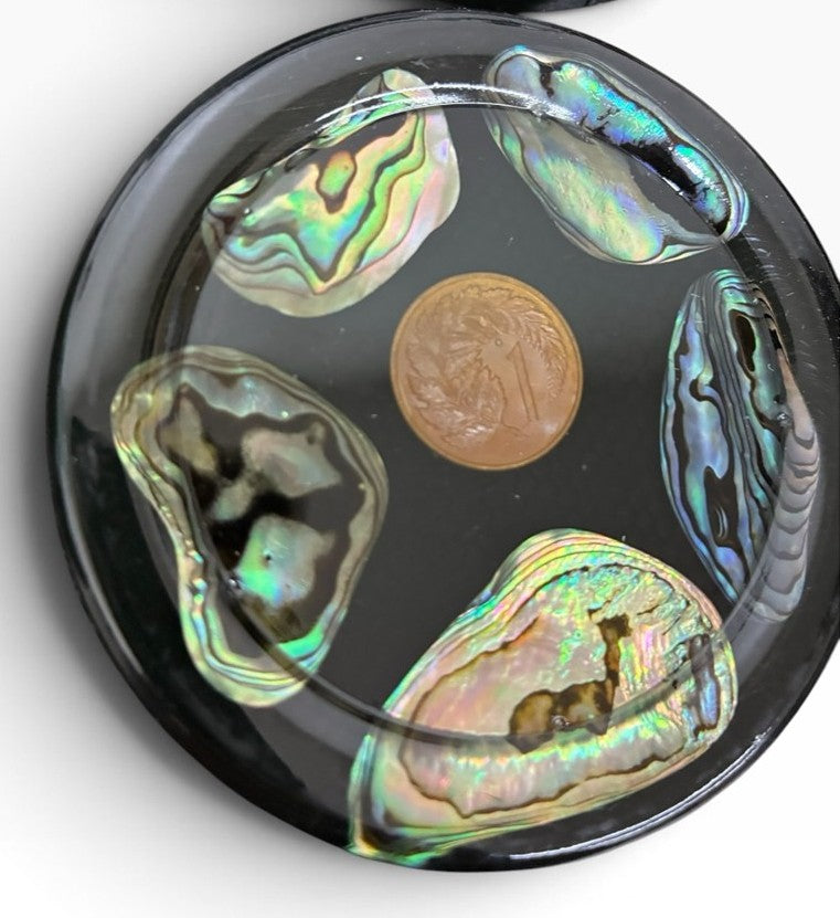 Midcentury New Zealand Coin and Paua (Abalone Shell) Coaster Set of Six Coasters