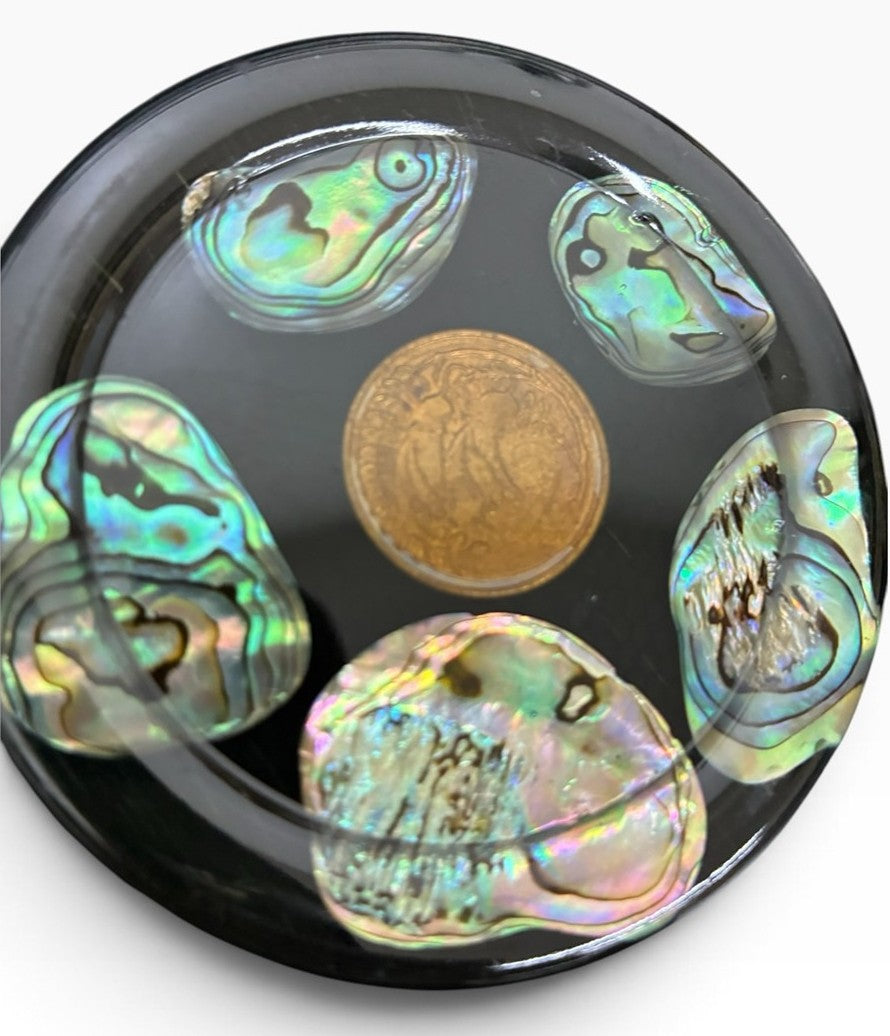 Midcentury New Zealand Coin and Paua (Abalone Shell) Coaster Set of Six Coasters