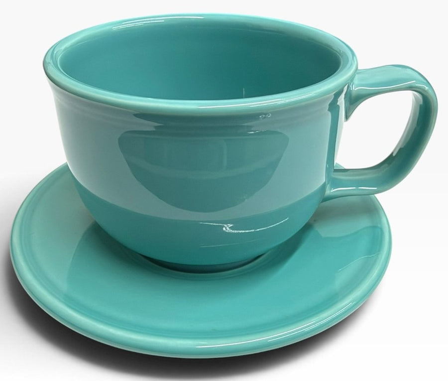 Homer Laughlin China Co. Turquoise Blue Jumbo Mug & Saucer Set HLC Ceramic Retired Cup Fiesta Go-Along