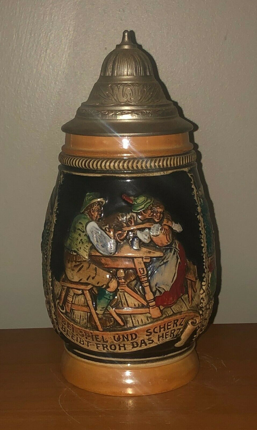 Vintage German Barrel Beer Stein bei spiel und scherz bleibt froh das herz