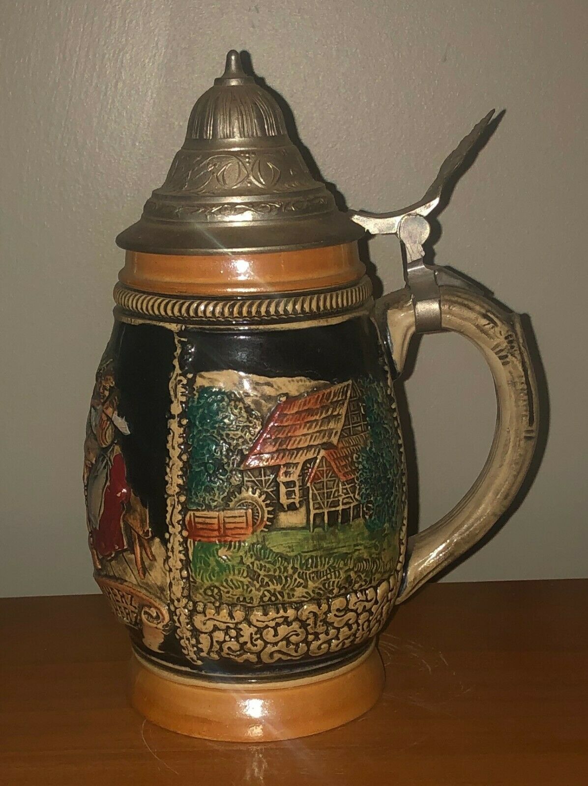 Vintage German Barrel Beer Stein bei spiel und scherz bleibt froh das herz